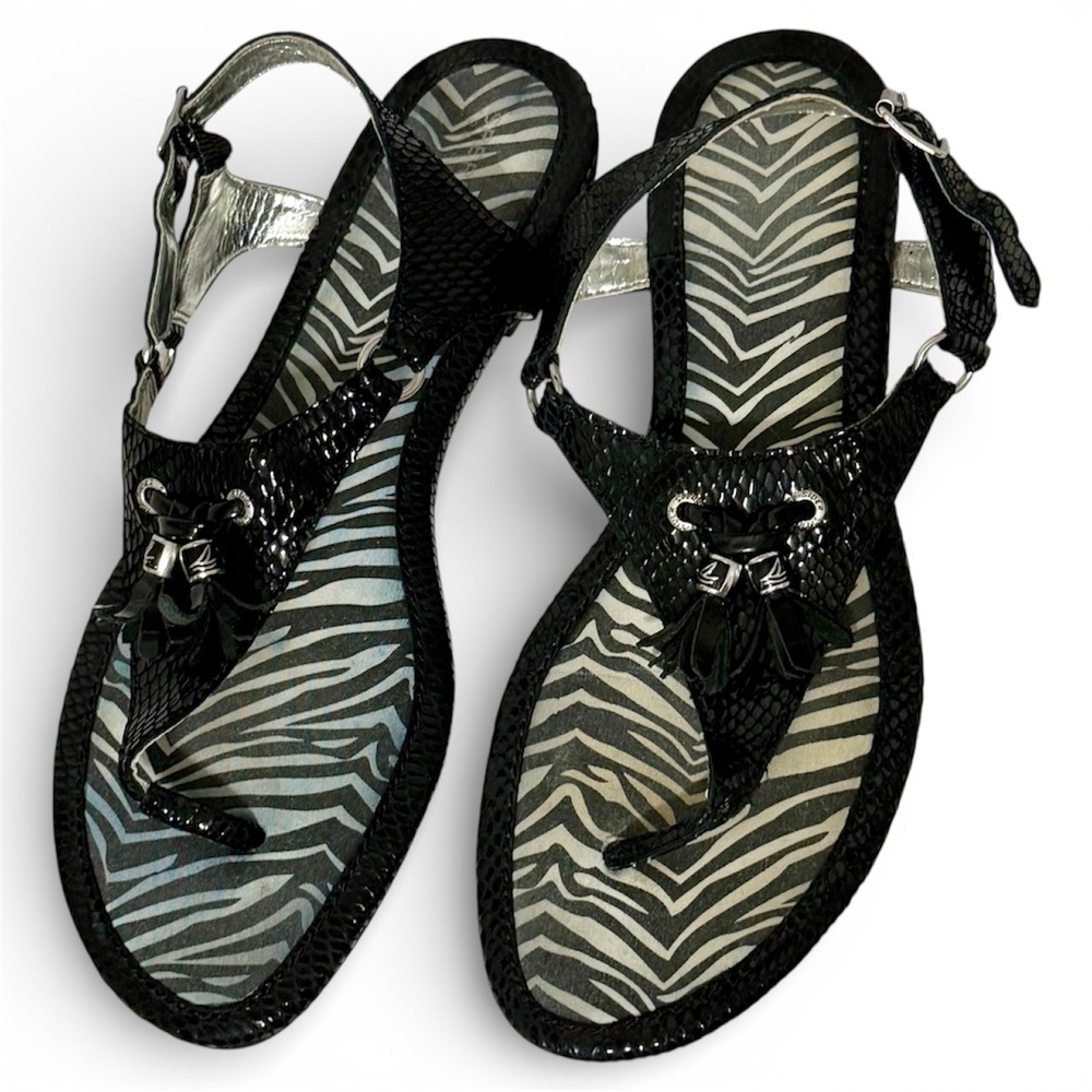 Sperry Topsider Black‎ Embossed Thong Sandals with Zebra Print and Tassel Detail